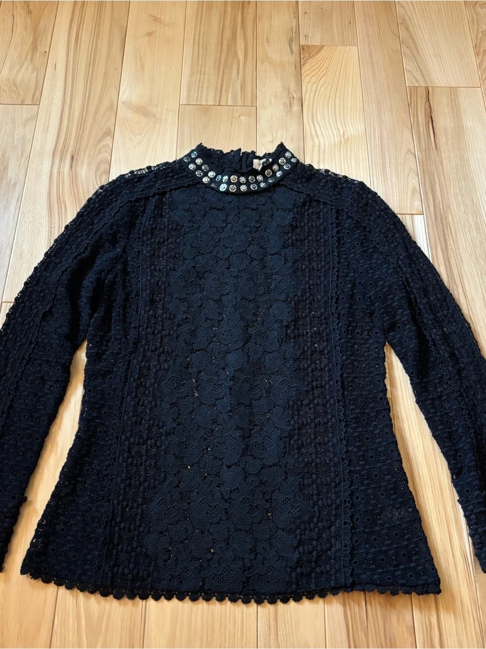 Rebecca Taylor Black Lace Embellished High Neck Long Sleeve Top